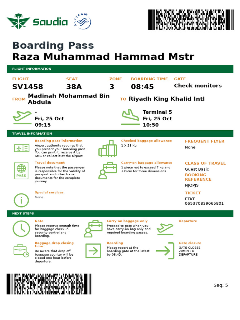 Boarding Pass For Muhammad Hammad Raza - SV1458 - MED To RUH | PDF ...