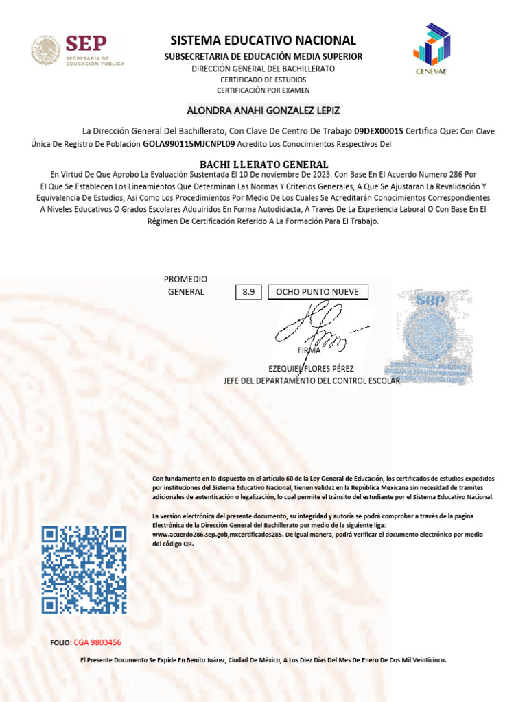 Certificado de Bachillerato 2023 | PDF