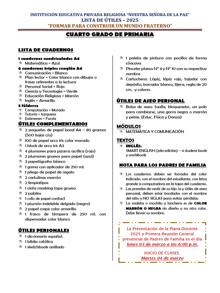 Lista de Útiles Cuarto Grado 2025 | PDF | Color | Arco iris