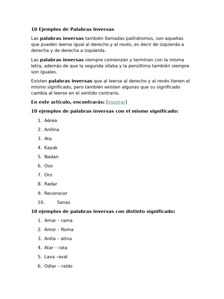 10 Ejemplos de Palabras Inversas | PDF