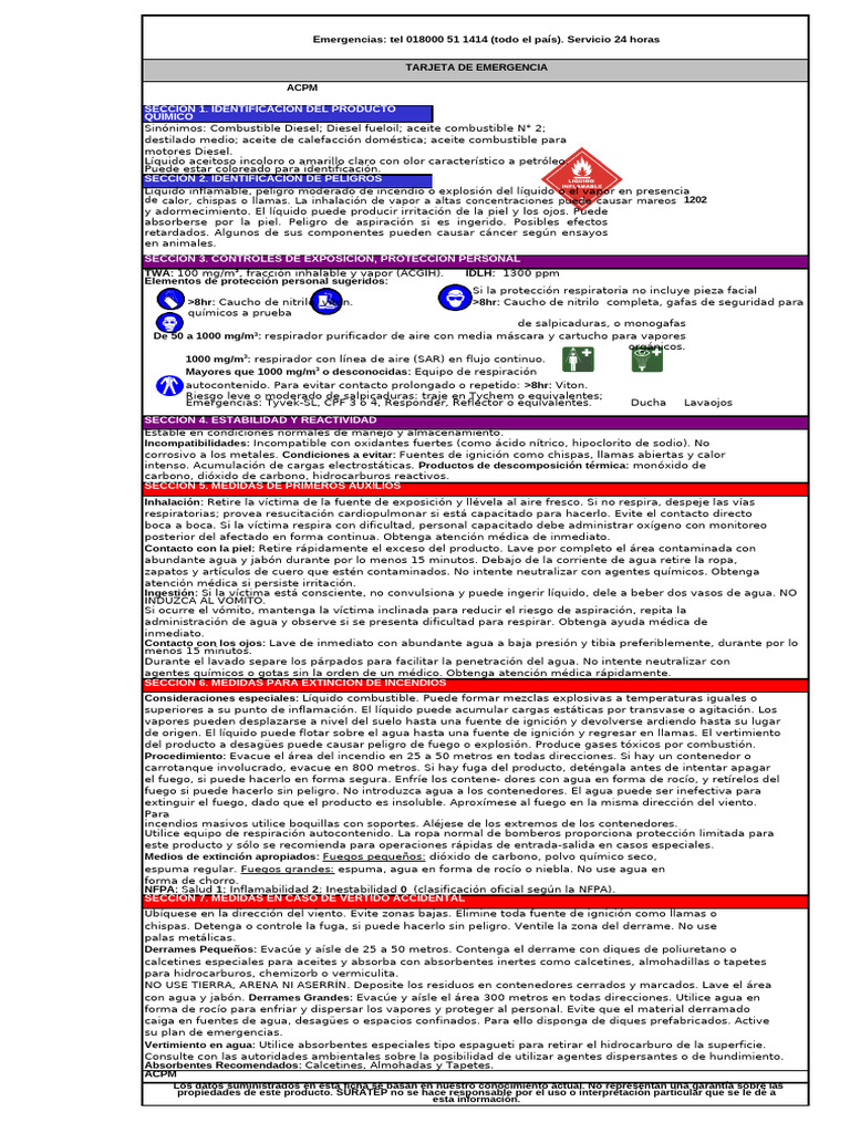 Ficha de Seguridad: ACPM y Emergencias | PDF | Agua | Combustión