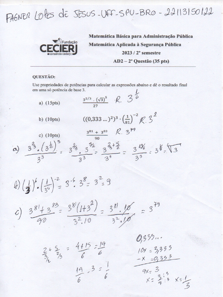 AD2 2 Questão Matemática | PDF