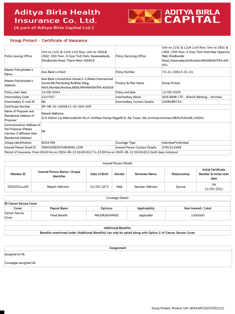 365721222234 | PDF | Insurance | Identity Document