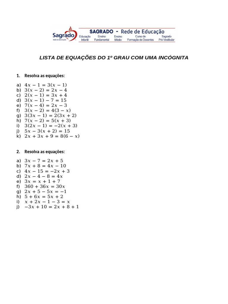 Equações do 1º Grau: Exercícios e Soluções | PDF | Triângulo | Matemática