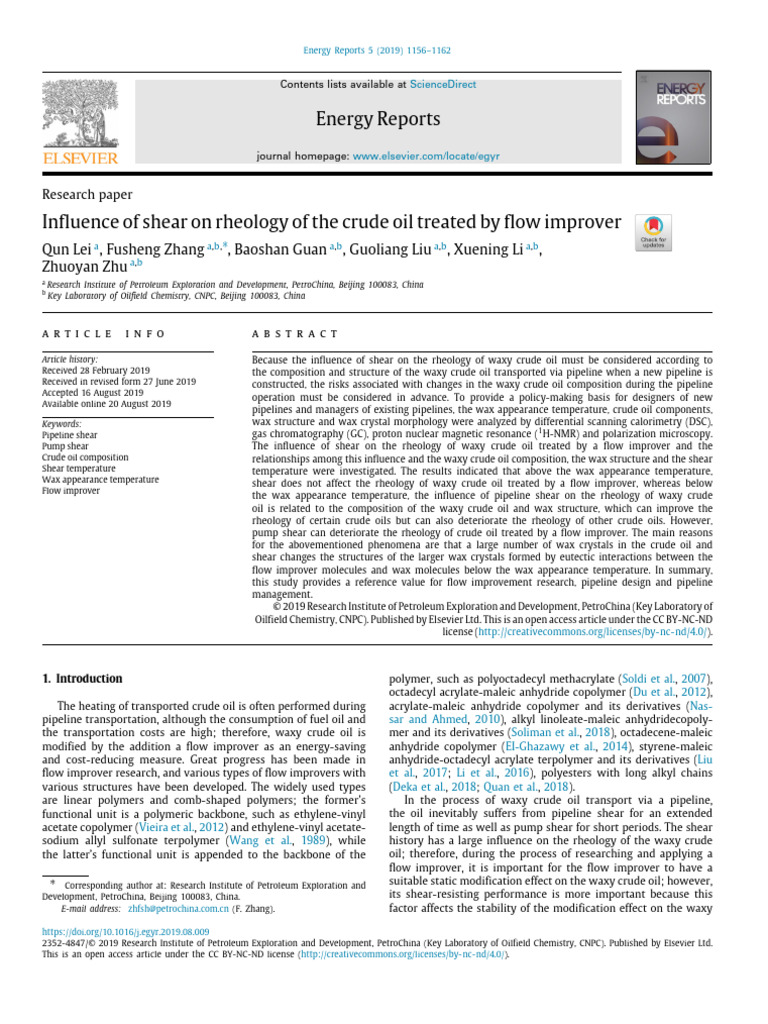 Influence of Shear On Rheology of The Crude Oil Treated by Flow ...