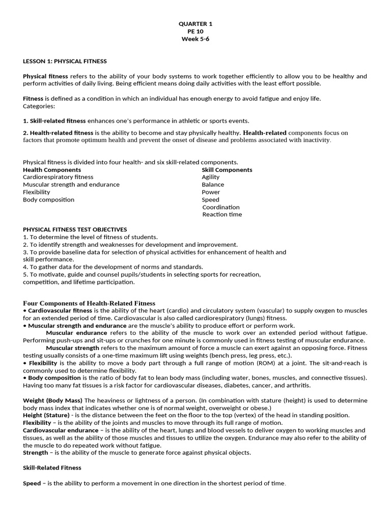 Quarter 1-Pe 10-W5-6-Handout | PDF | Physical Fitness | Non ...