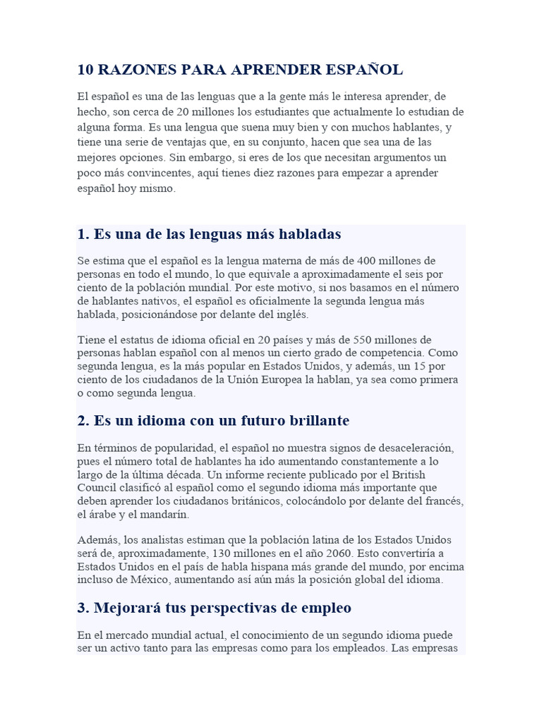 10 Razones para Aprender Español | PDF | Lengua española | Segundo lenguaje