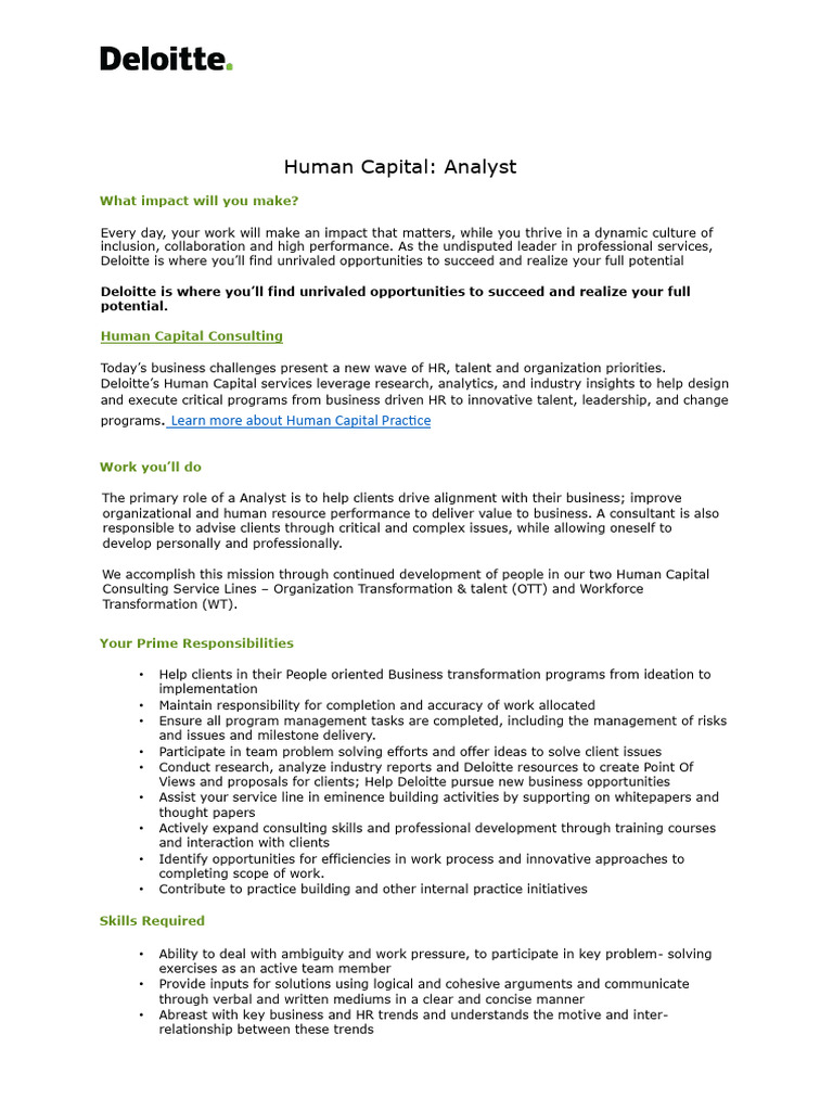 Deloitte Human Capital Analyst Role | PDF | Human Capital | Leadership