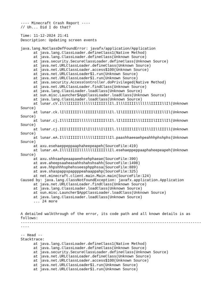 Minecraft Crash Report: NoClassDefFoundError | PDF | Java (Programming ...