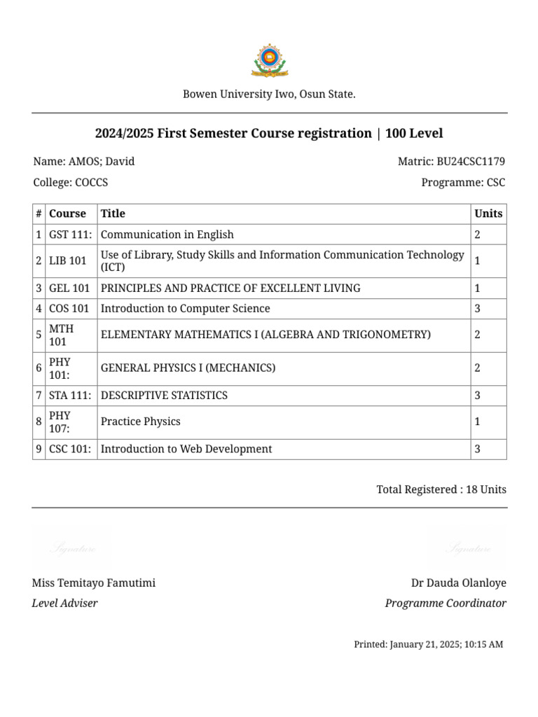 Bowen University 2024 2025 Course Registration Pdf