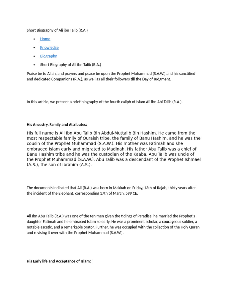 Biography of Ali ibn Talib (R.A.) | PDF | Ali | Muhammad