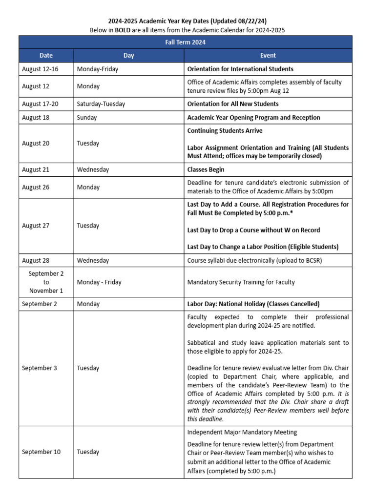 2024-2025 Academic Calendar Key Dates | PDF