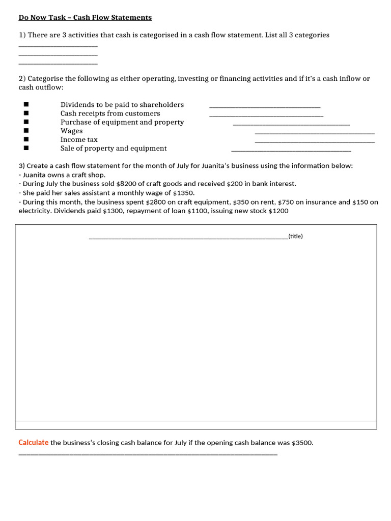Cash Flow Statement Task Guide | PDF