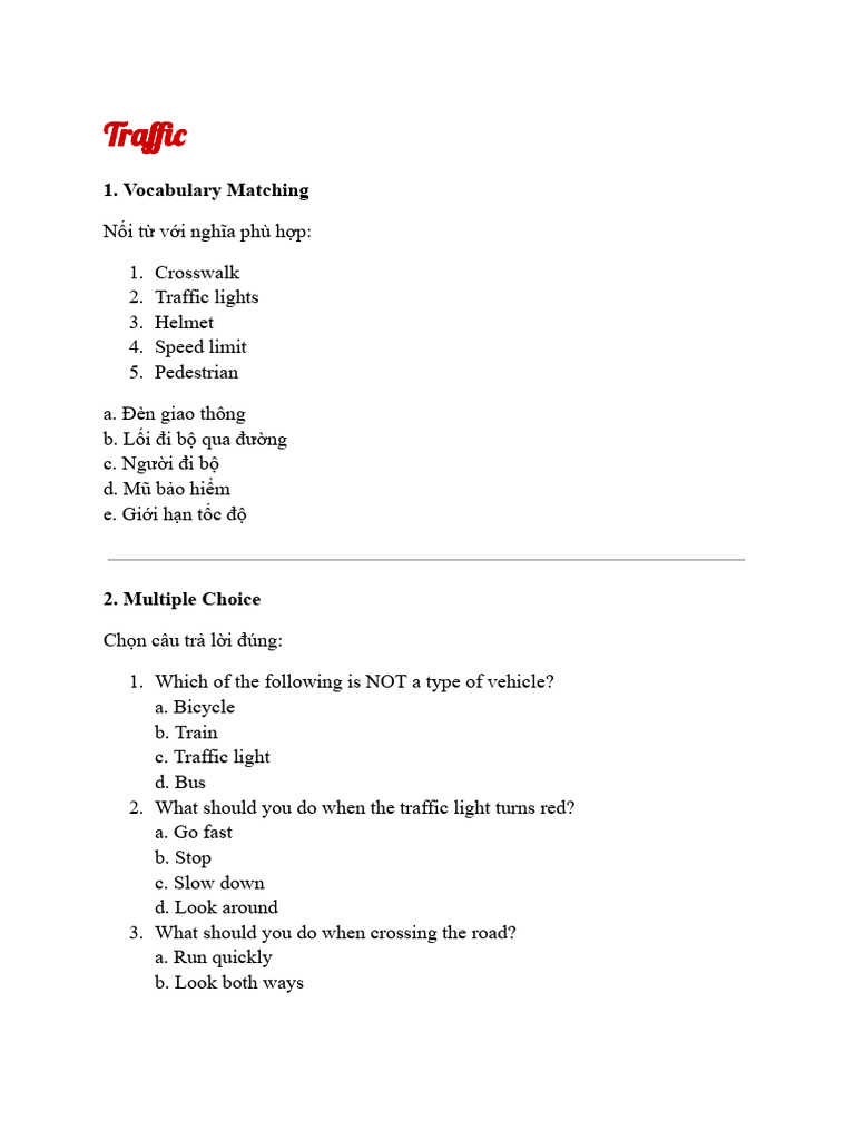Traffic Safety Vocabulary and Quiz | PDF