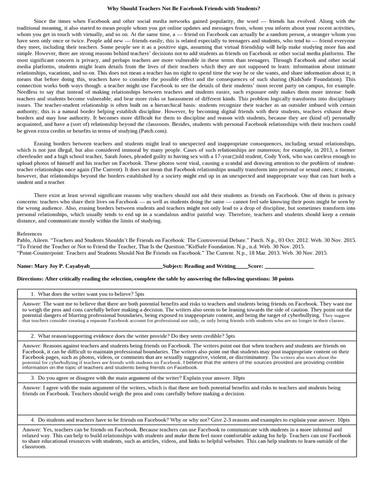 Teachers Avoid Facebook Friendships Pdf Facebook Adolescence