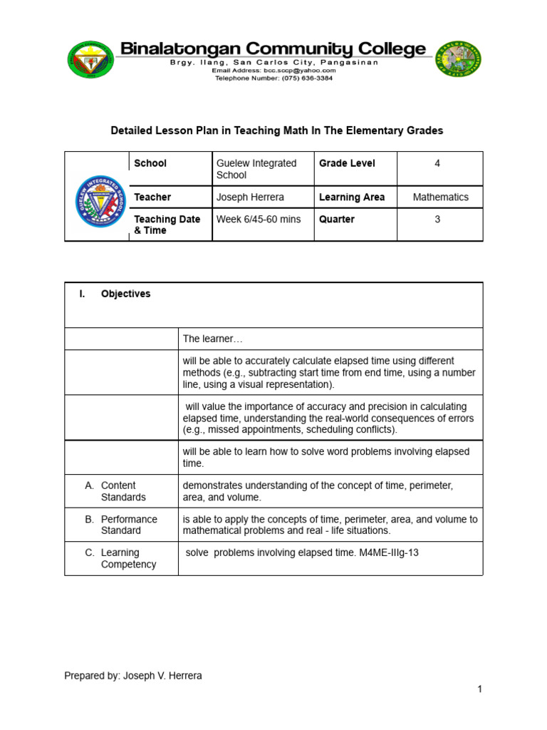 Math Lesson Plan: Elapsed Time for Grade 4 | PDF | Learning | Mathematics