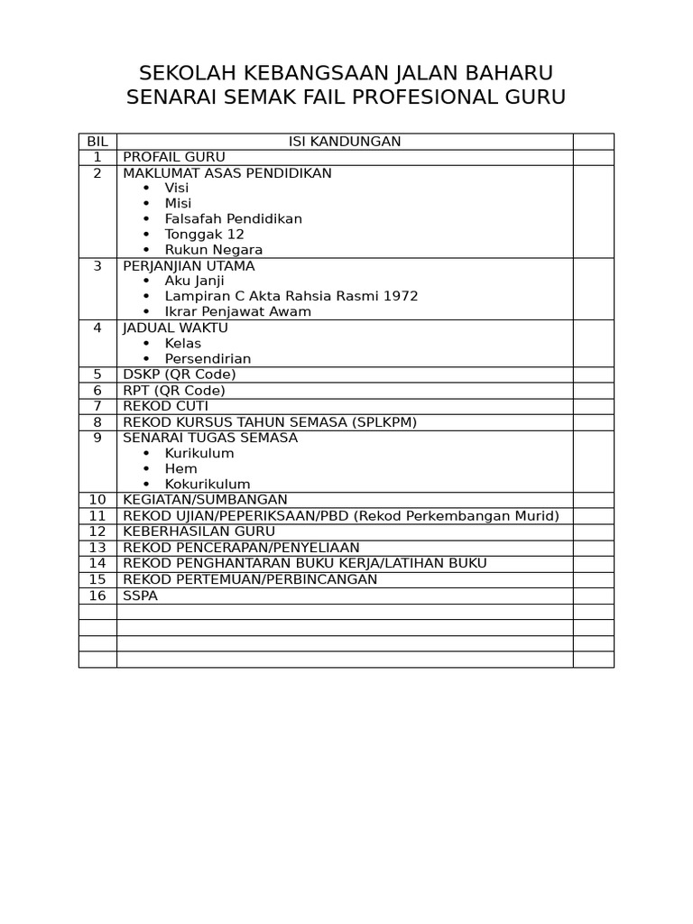 Senarai Semak Fail Profesional Guru | PDF