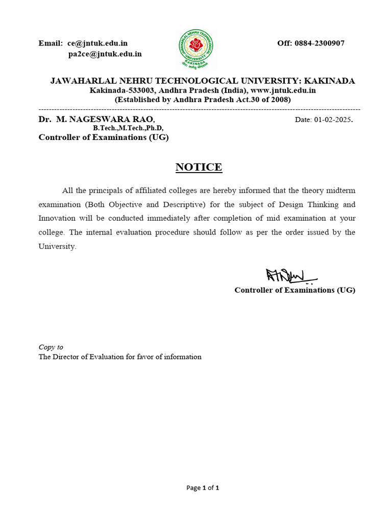 JNTUK Midterm Exam Notice for Design Thinking | PDF
