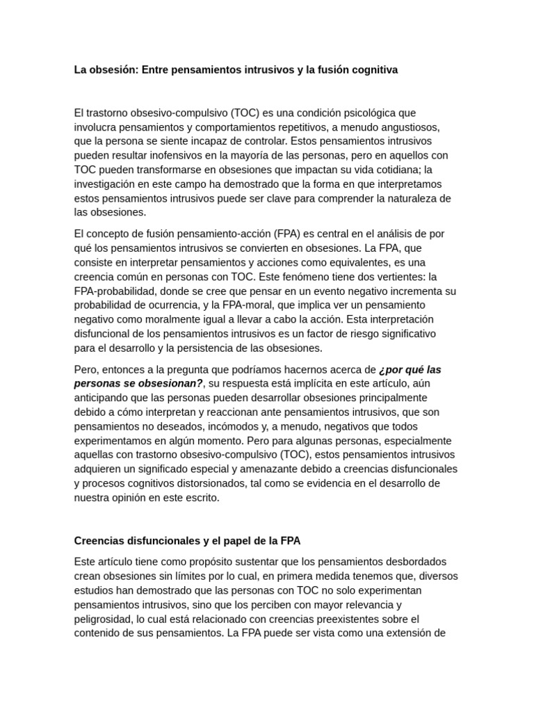 La obsesión | PDF | Desorden obsesivo compulsivo | Pensamiento