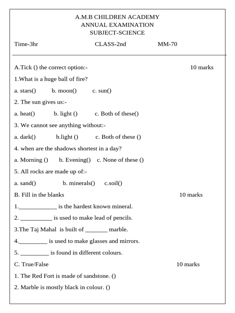 Class 2 Science Exam Paper | PDF