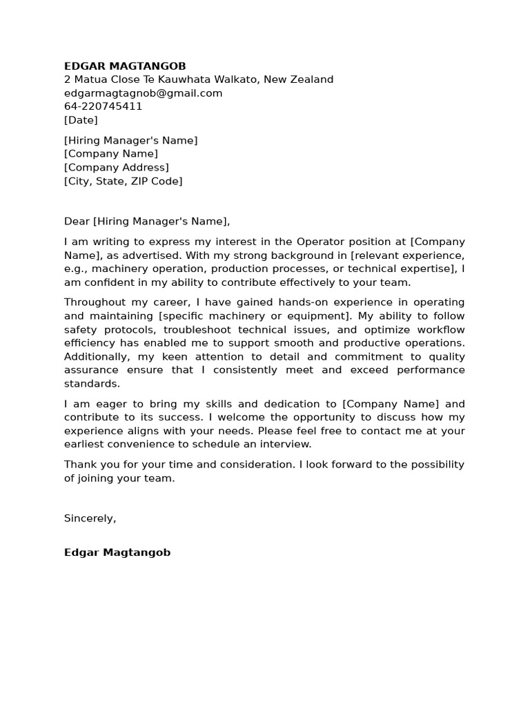 Operator Position Application Letter | PDF