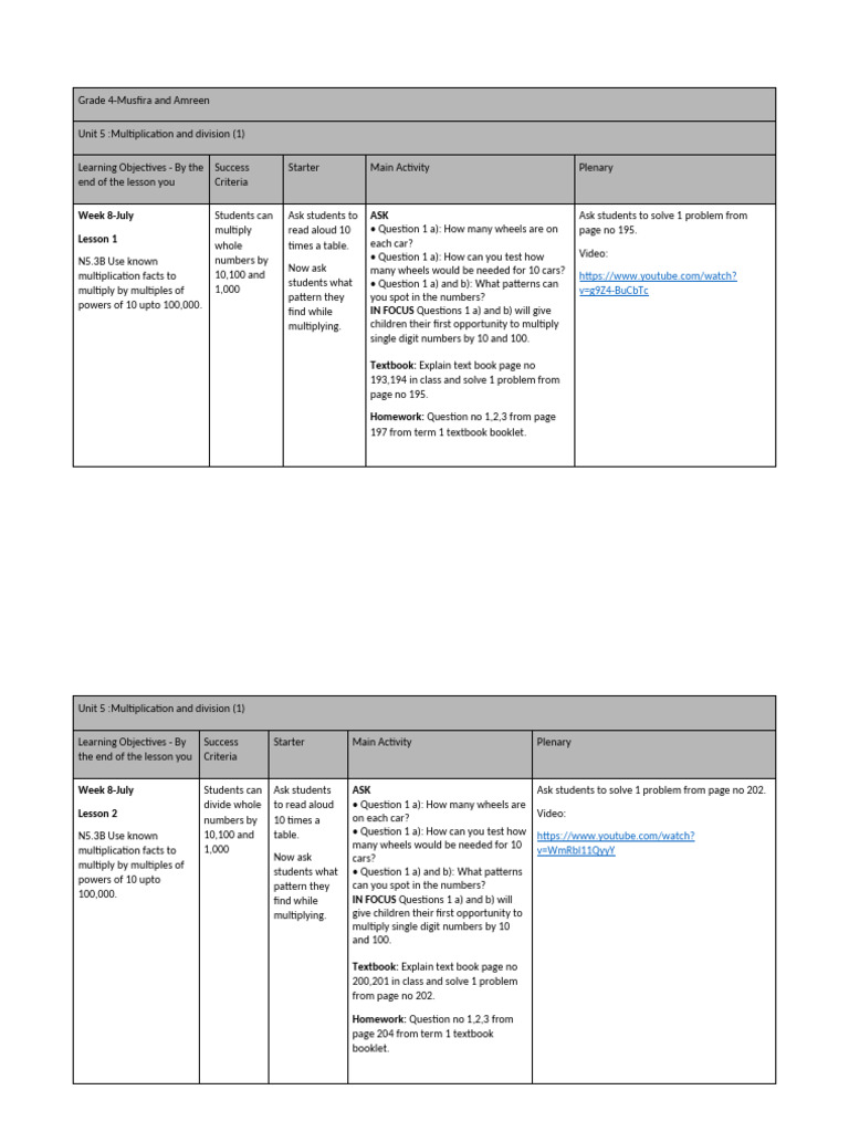 Grade 4 Multiplication and Division Lessons | PDF | Multiplication | Length