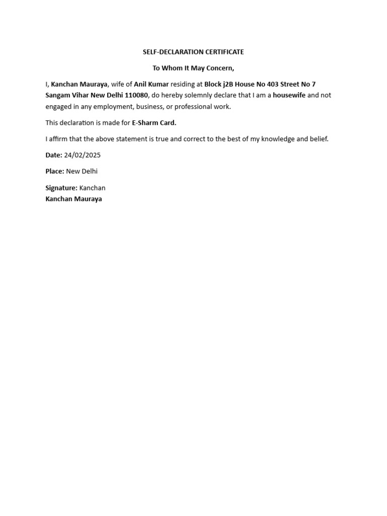 Housewife Self-Declaration Certificate | PDF