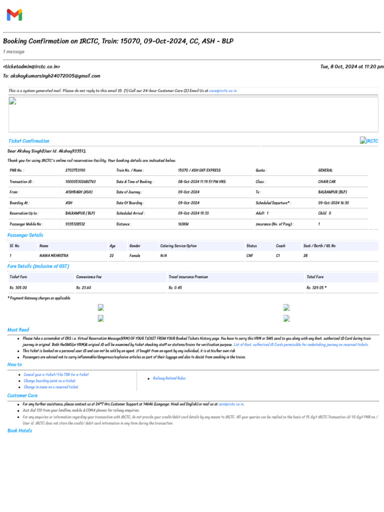 Gmail - Booking Confirmation on IRCTC, Train_ 15070, 09-Oct-2024, CC ...