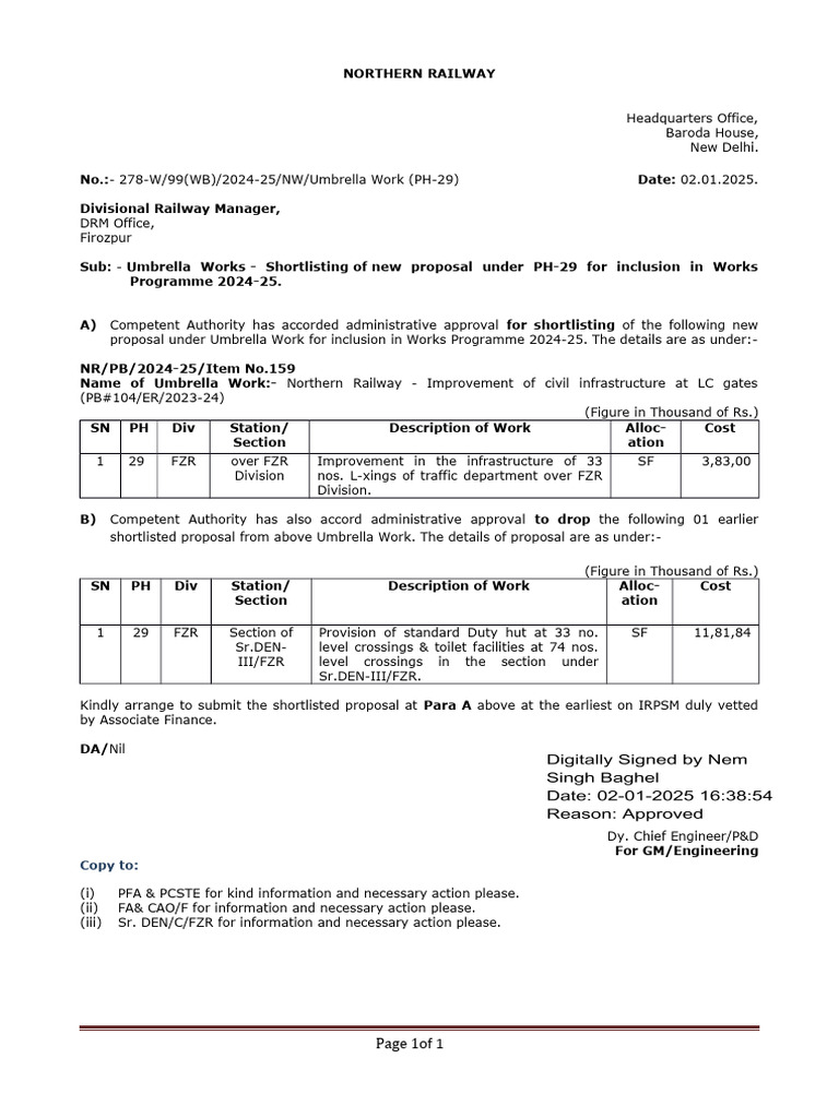 Firozpur DRM Office: 2024-25 Works Proposal | PDF