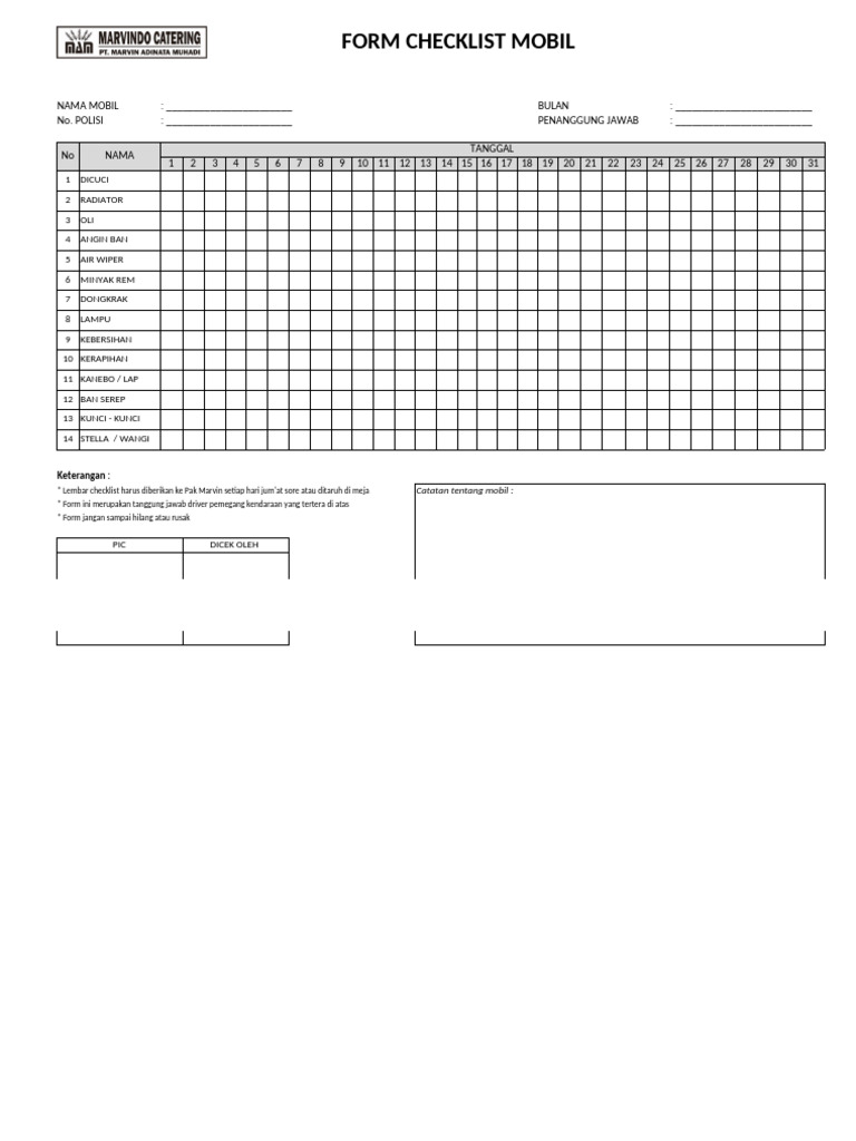 Form Checklist Mobil Harian | PDF