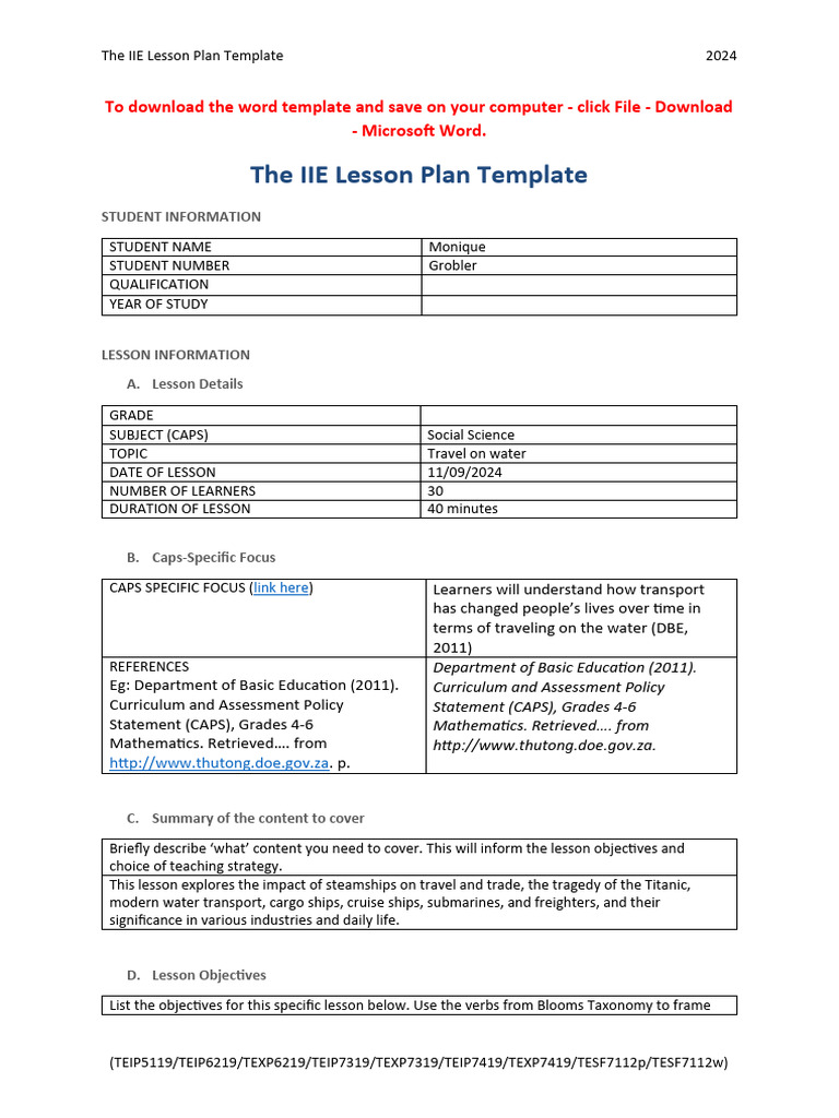 Water Transport Lesson Plan for Grade R | PDF | Learning | Lesson Plan