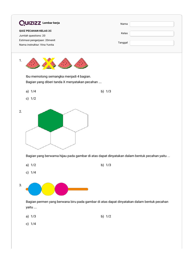 Quizizz - Quiz Pecahan Kelas 2c | PDF