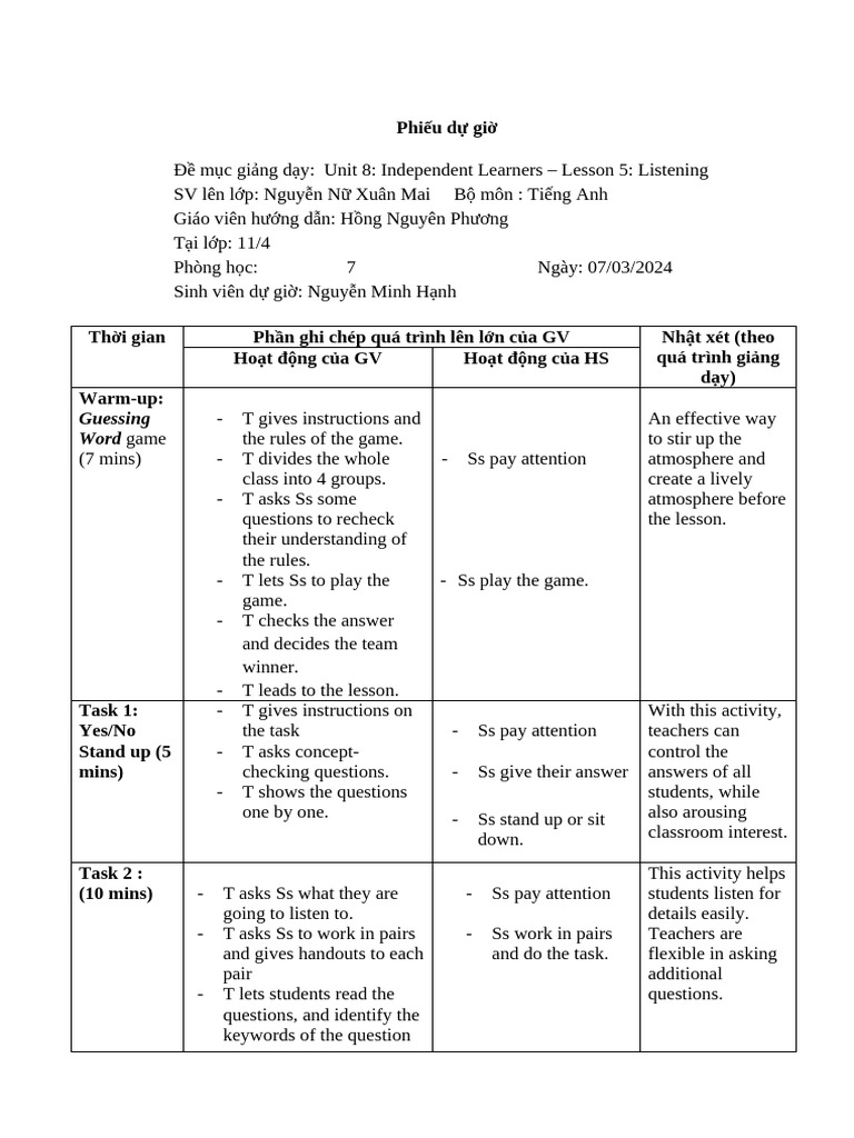 Lesson Observation Report: Unit 8 Listening | PDF | Cognition | Learning