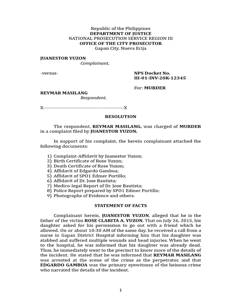 RESOLUTION and INFORMATION - Court | PDF | Murder | Crimes