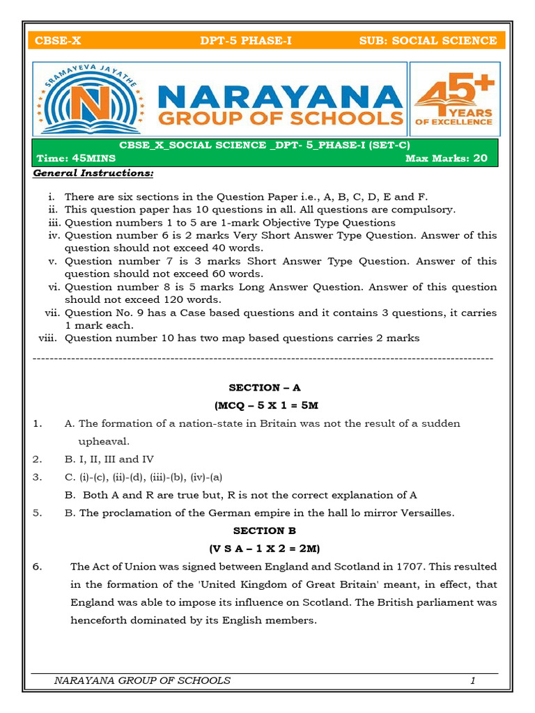 Cbse X Social Science Dpt-5 Set C - Key | PDF | Italy | Europe
