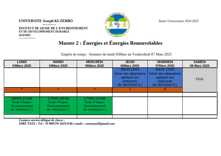 Emploi du temps Master 2 IGEDD 2025 | PDF