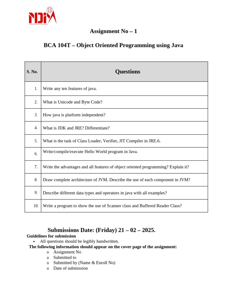 BCA 104T Java Programming Assignment Guide | PDF