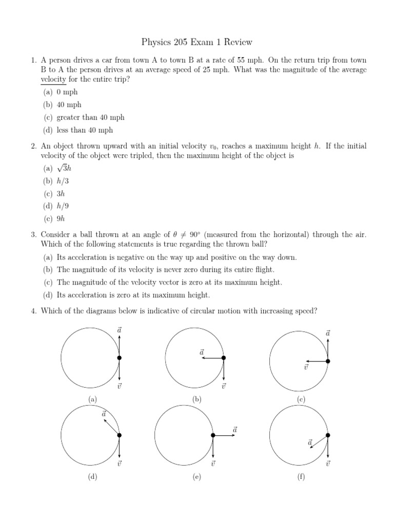 Physics 205 Exam 1 Review | PDF | Acceleration | Velocity