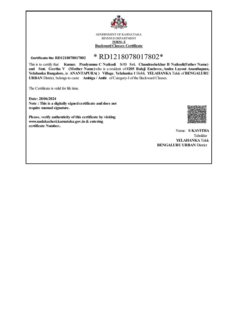 Karnataka Backward Classes Certificate | PDF