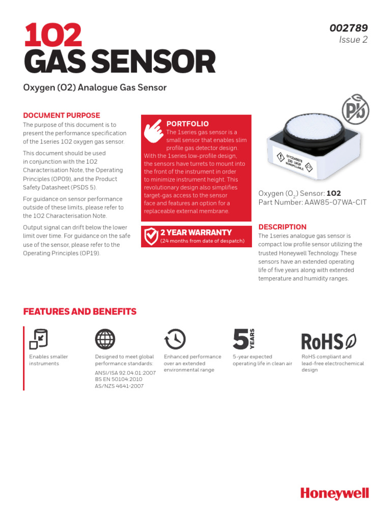 1O2 Oxygen Gas Sensor Specifications | PDF | Sensor | Tools