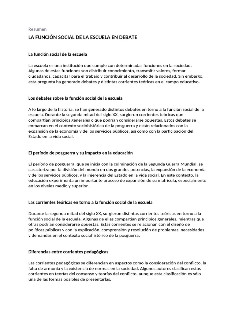La Función Social de La Escuela en Debate - Resumen | PDF | Plan de ...