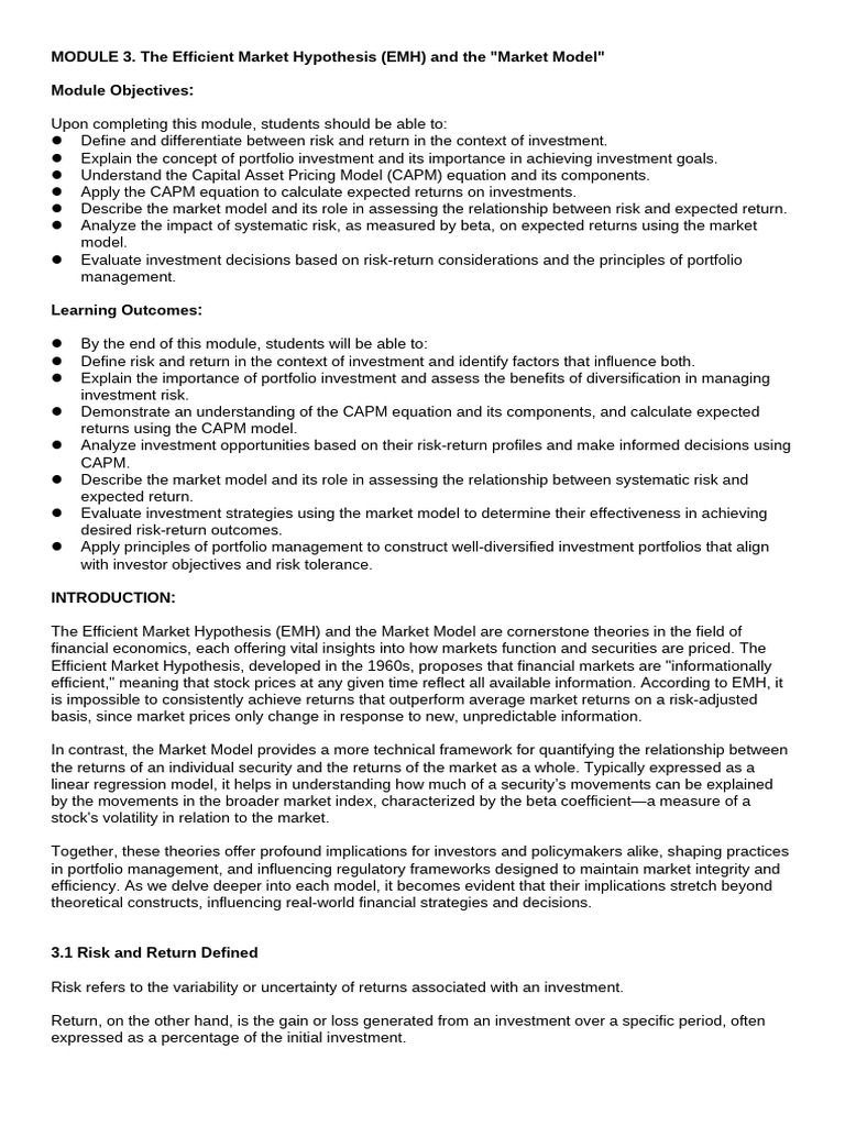 EMH and Market Model: Risk & Return Insights | PDF | Capital Asset ...