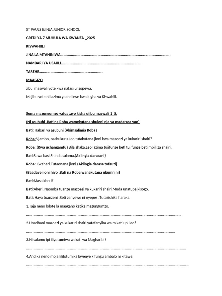 Kiswahili Gredi Ya Saba Midterm One 2025 | PDF
