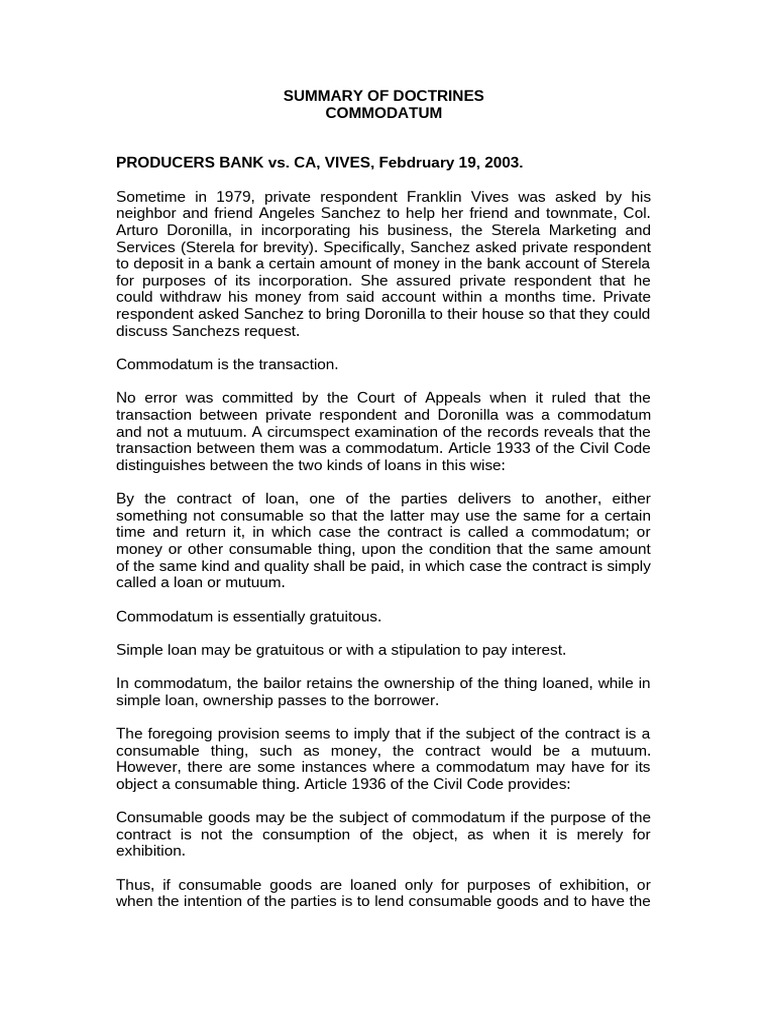 SUMMARY OF DOCTRINES-Commodatum | PDF | Lease | Common Law