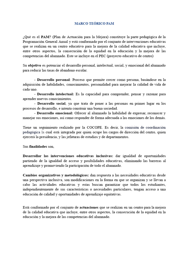 PAM: Plan de Mejora Educativa | PDF | Aprendizaje | Las emociones