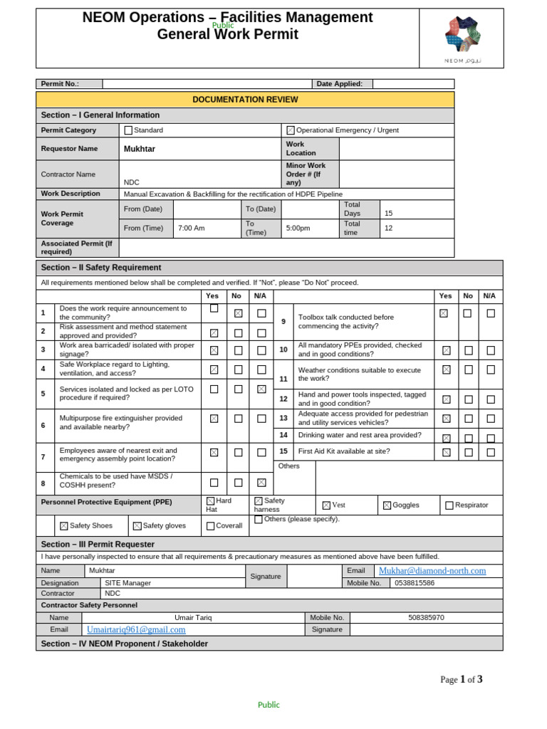 NEOM General Work Permit Template | PDF | Personal Protective Equipment ...