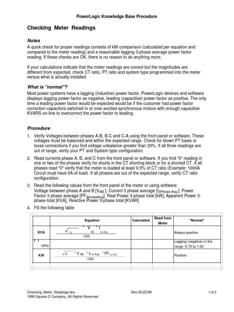 Meter Readings Verification Procedure | PDF | Capacitor | Power (Physics)