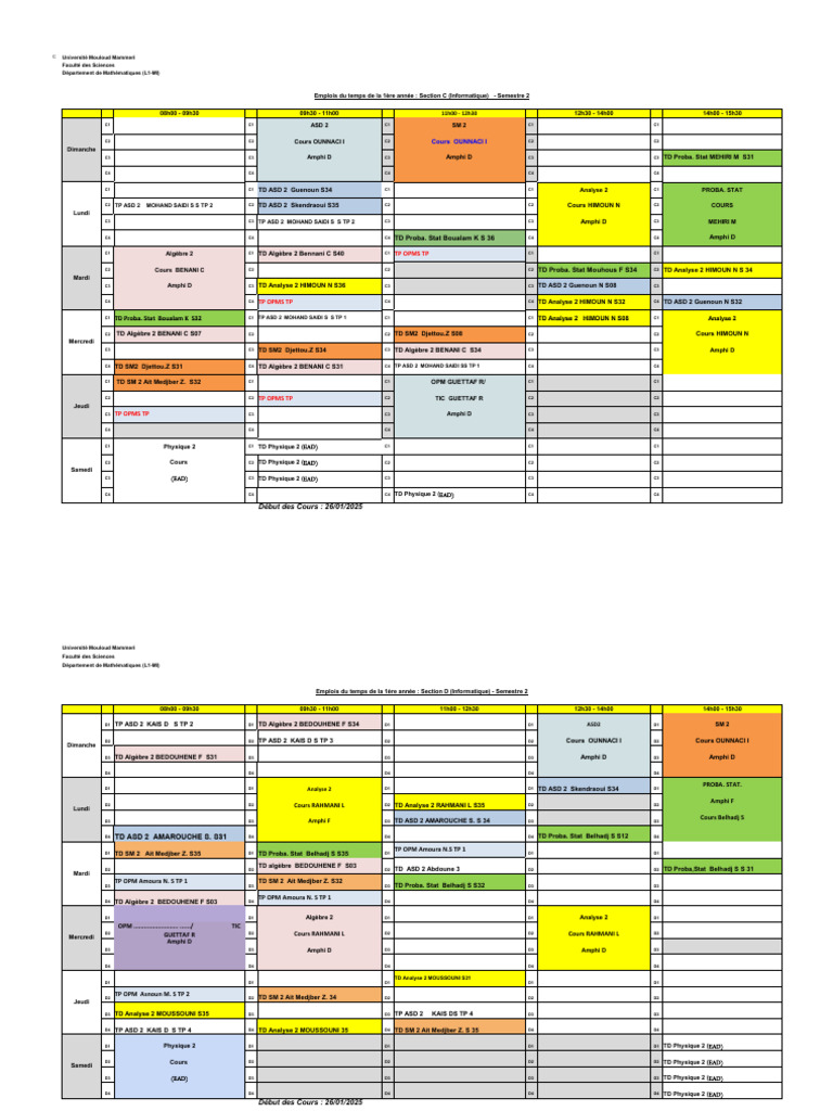 Emplois du temps L1-MI Semestre 2 | PDF | Échecs | Ouverture (échecs)