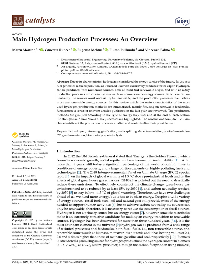 Overview of Hydrogen Production Methods | PDF | Catalysis | Gasification