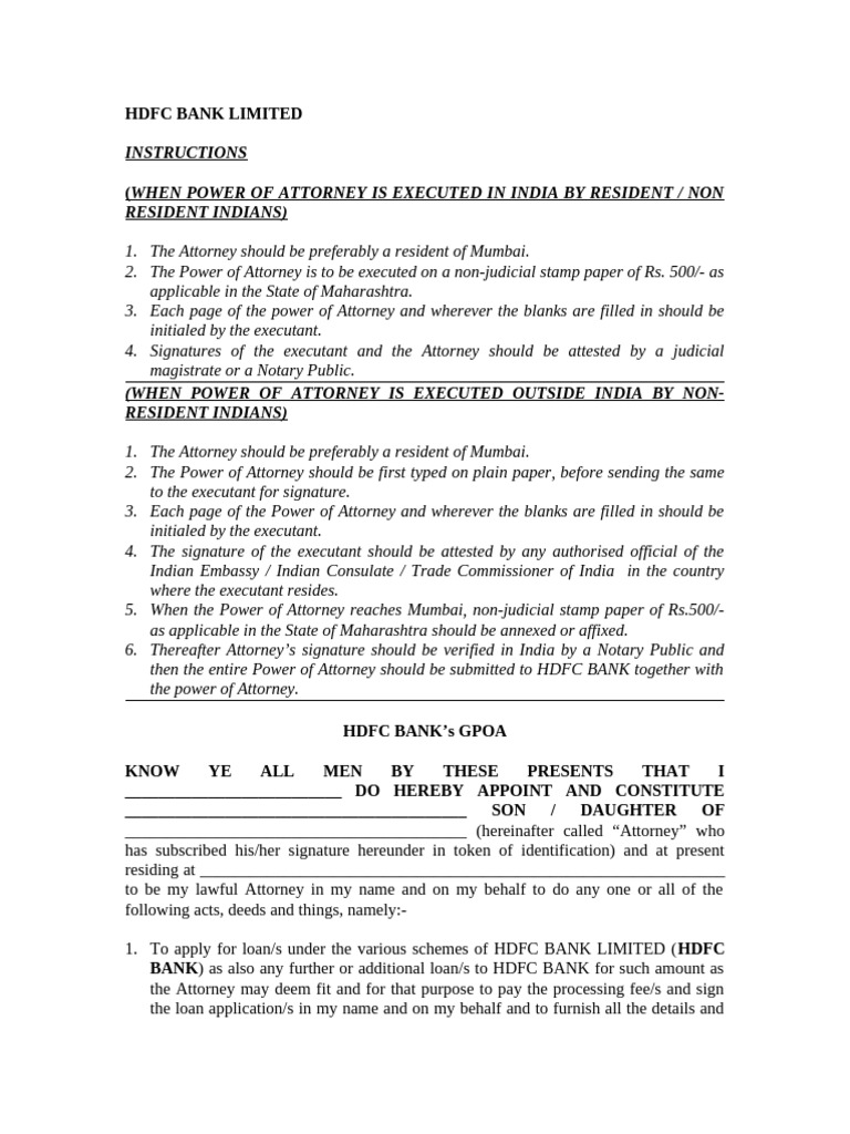 HDFC Power of Attorney Guidelines | PDF | Banks | Loans
